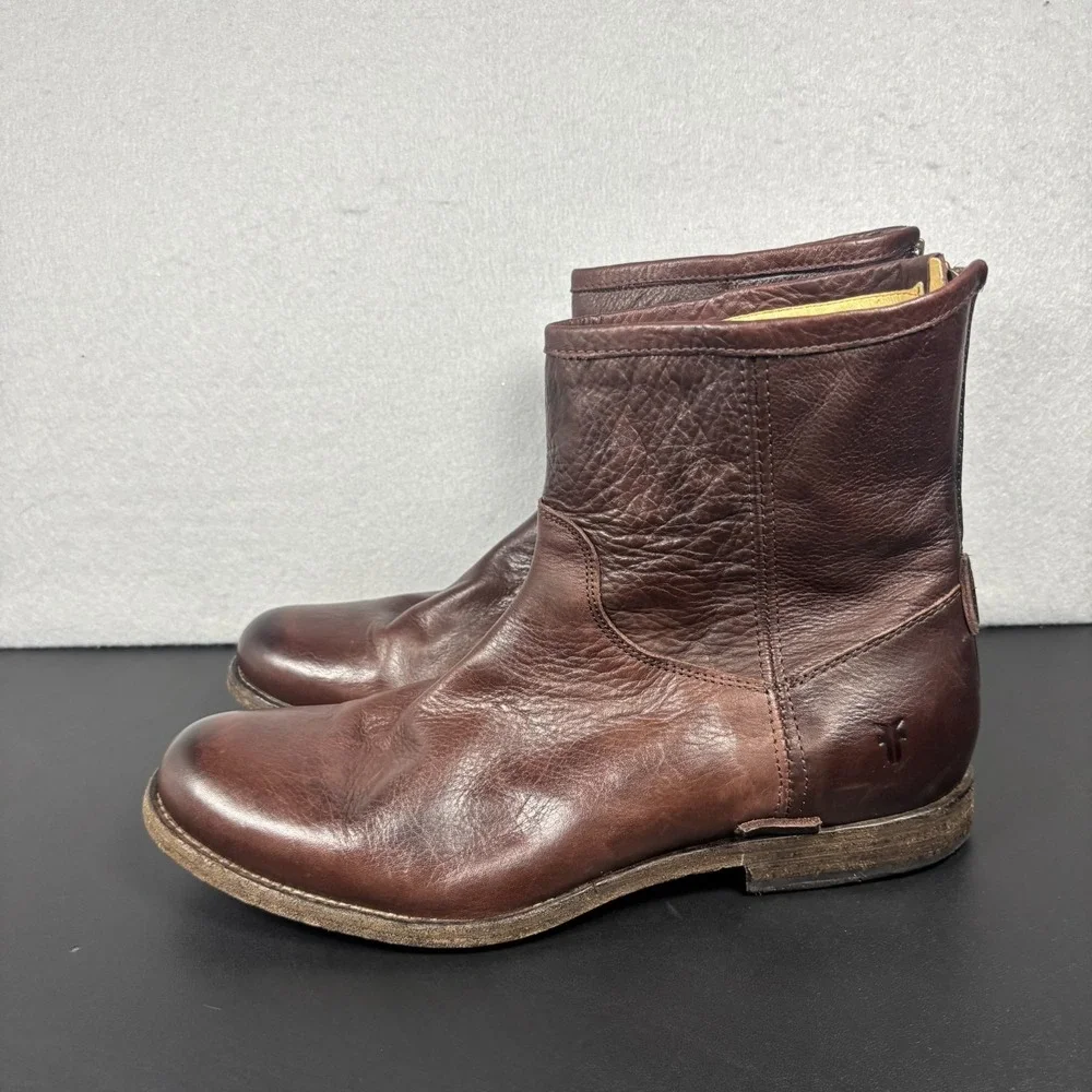 Frye Mens 10.5 D Dark Brown Leather Back Zip Ankle Boots Round Toe 3487870